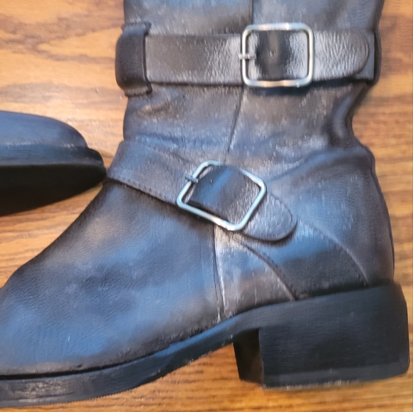 Rezzo Distressed Black White Genuine Leather Moto Combat Shoes Tall Boots - Picture 8 of 14